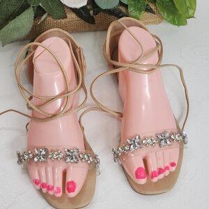 JustFab Tan Sandals with Silver Accents